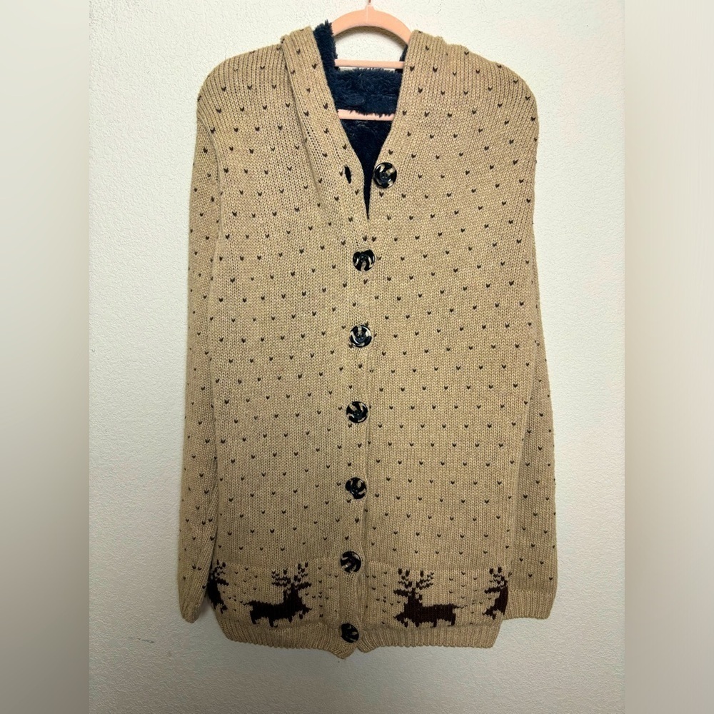 Cottagecore Cream and Brown Deer Print Sherpa Fur Lined Knit Hooded Cardigan M/L